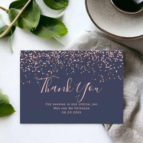 Rose gold confetti navy blue typography thank you card