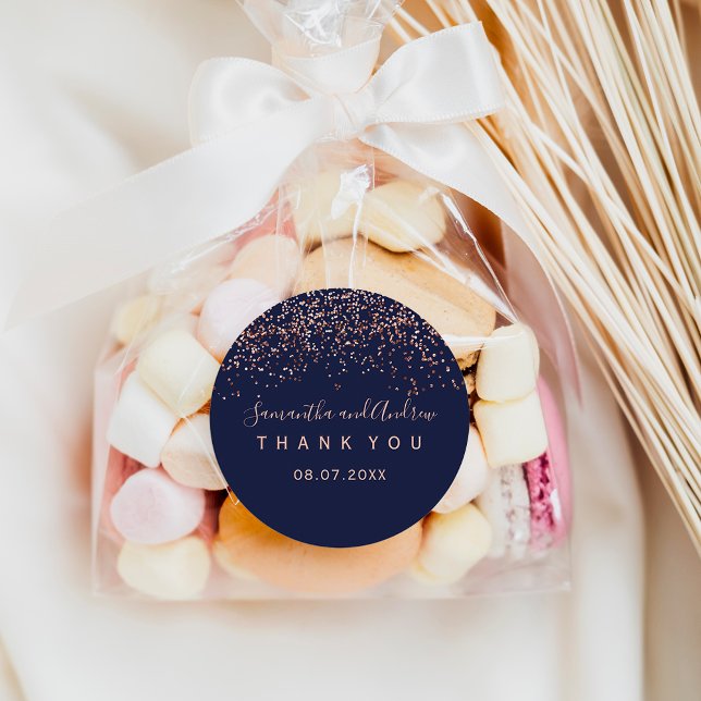 Rose gold confetti navy blue typography  Thank you Classic Round Sticker (Creator Uploaded)