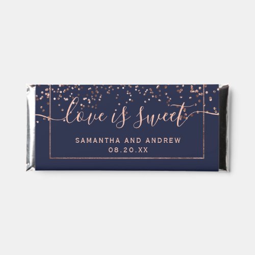 Rose gold confetti navy blue typography wedding hershey bar favors