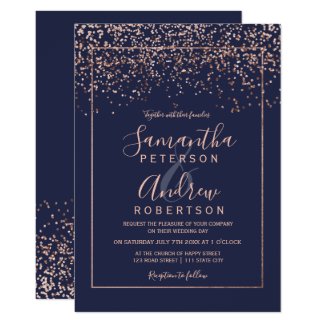 Rose gold confetti navy blue typography wedding invitation