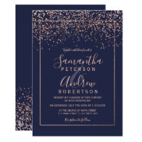 Rose gold confetti navy blue typography wedding invitation