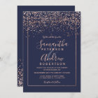 Rose gold confetti navy blue typography wedding