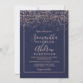 Rose gold confetti navy blue typography wedding invitation (Front)