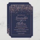 Rose gold confetti navy blue typography wedding