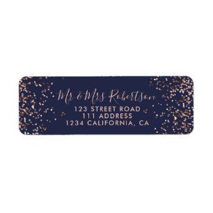 Rose gold confetti navy blue typography wedding label