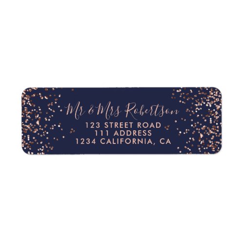 Rose gold confetti navy blue typography wedding label