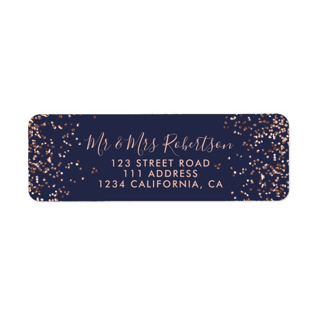 Rose gold confetti navy blue typography wedding label (Front)