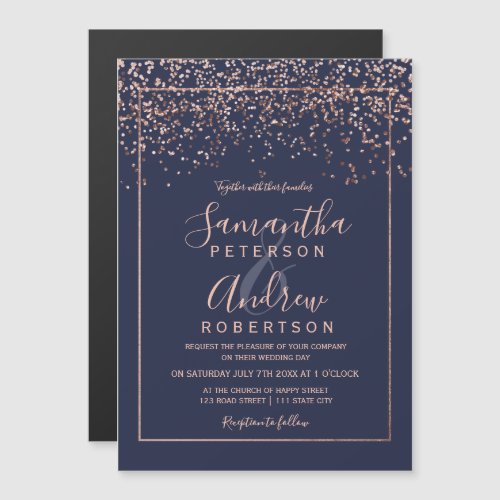 Rose gold confetti navy blue typography wedding magnetic invitation