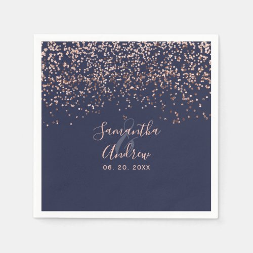 Rose gold confetti navy blue typography wedding napkins