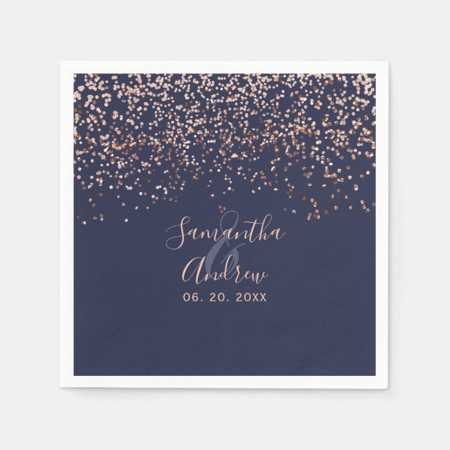 Rose gold confetti navy blue typography wedding napkins (Front)