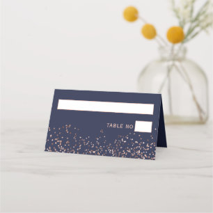 Rose gold confetti navy blue typography wedding place card