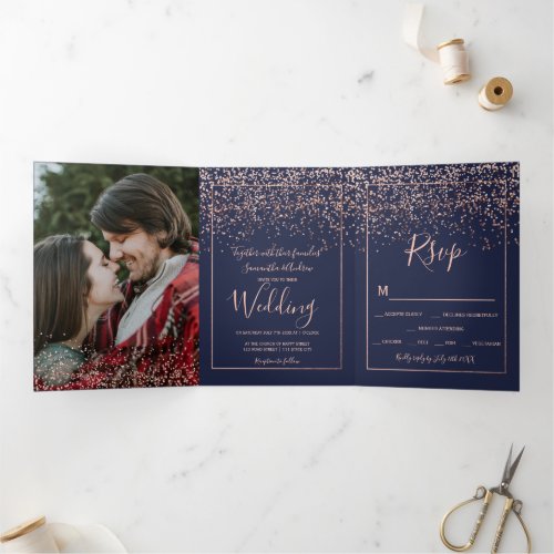 Rose gold confetti navy blue typography wedding Tri_Fold invitation
