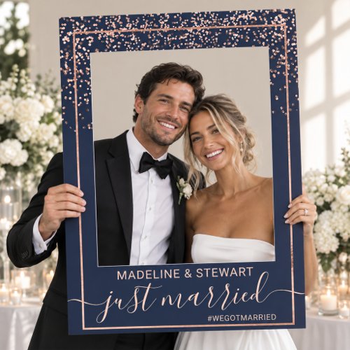 Rose Gold Confetti Navy Blue Wedding Just Married Selfie Frame