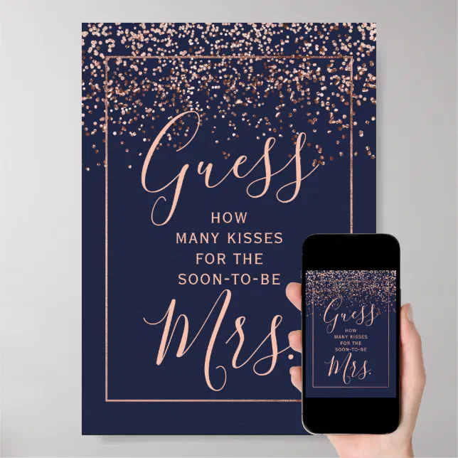 Rose Gold Confetti Navy Blue Wedding Kisses Game Poster Zazzle