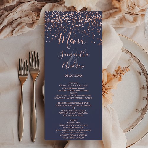 Rose gold confetti navy blue wedding menu