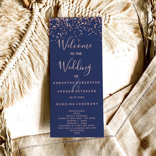 Rose gold confetti navy blue wedding program