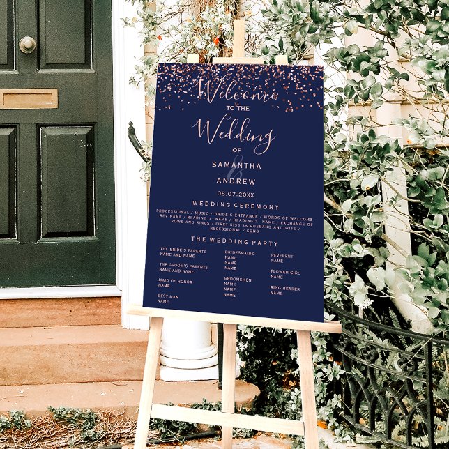 Rose gold confetti navy blue wedding program foam board (Creator Uploaded)
