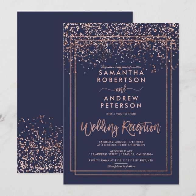 Rose gold confetti navy blue wedding reception invitation (Front/Back)