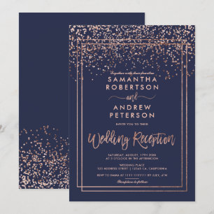 Rose gold confetti navy blue wedding reception invitation