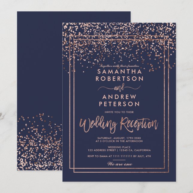Rose gold confetti navy blue wedding reception  invitation (Front/Back)