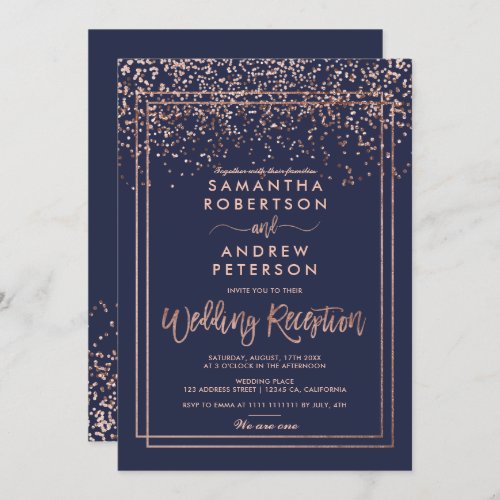 Rose gold confetti navy blue wedding reception  invitation