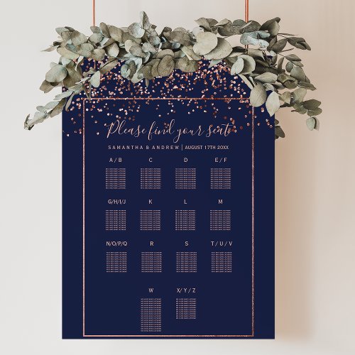 Rose gold confetti navy blue wedding seating chart