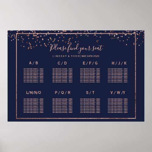Rose gold confetti navy blue wedding table seating poster