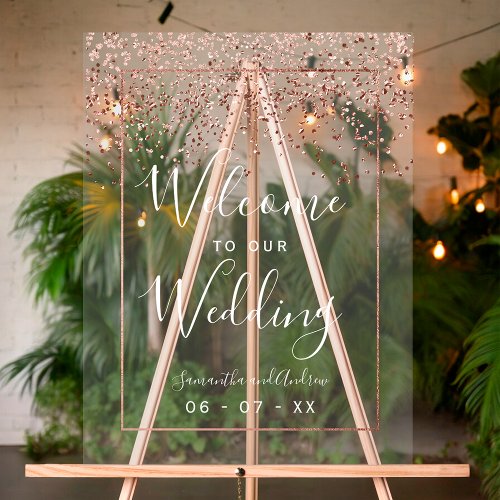 Rose gold confetti navy blue wedding welcome acrylic sign