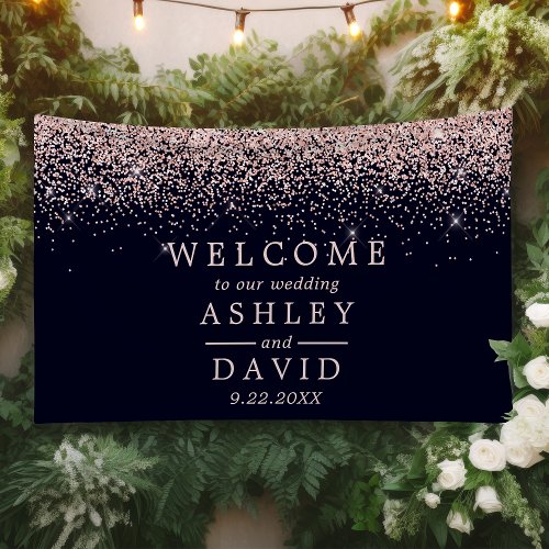 Rose Gold Confetti Navy Blue Wedding Welcome Banner