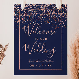 Rose gold confetti navy blue wedding welcome poster