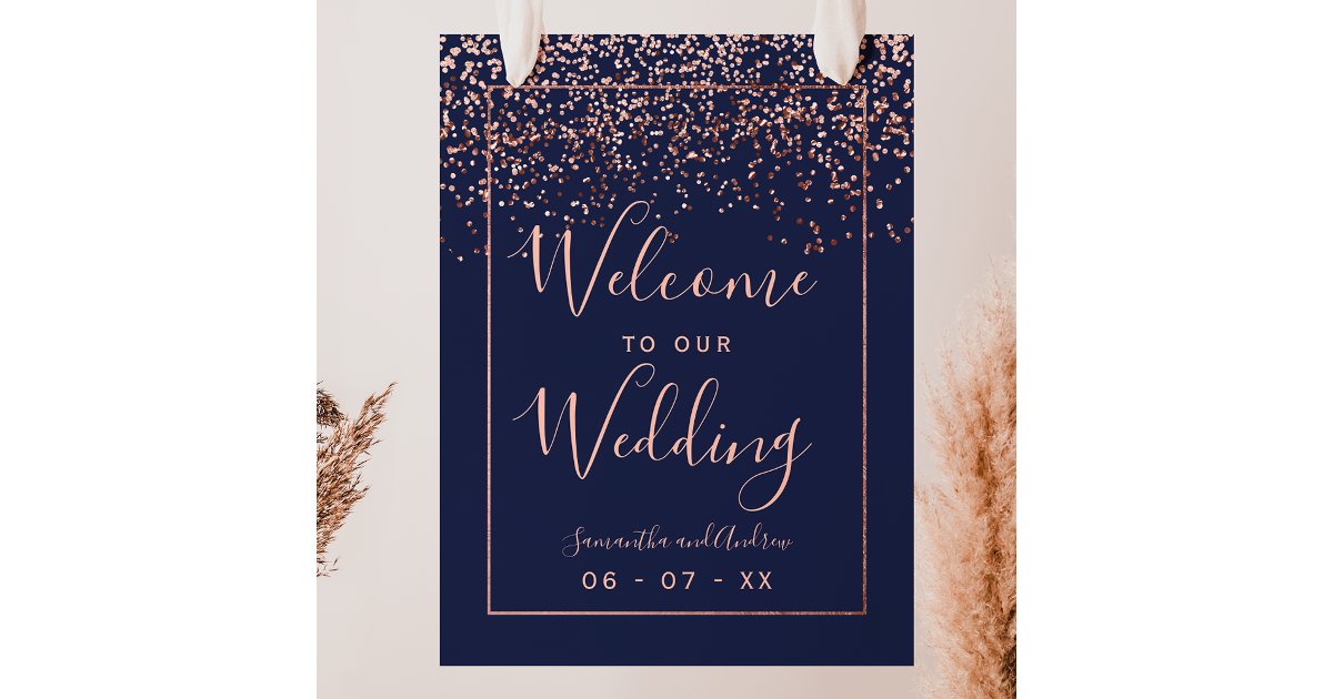 Rose gold confetti navy blue wedding welcome poster | Zazzle