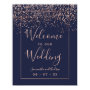 Rose gold confetti navy blue wedding welcome poster | Zazzle