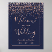 Rose gold confetti navy blue wedding welcome poster | Zazzle