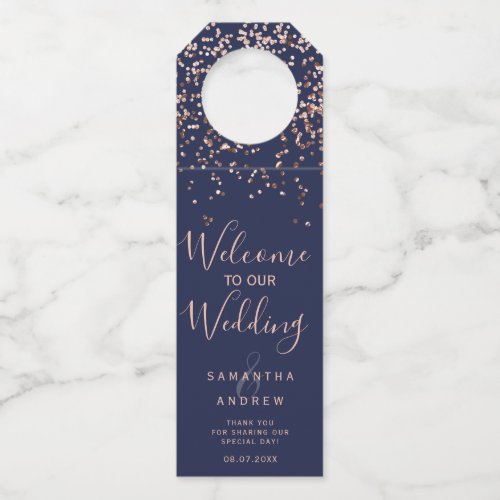 Rose gold confetti navy blue welcome wedding bottle hanger tag