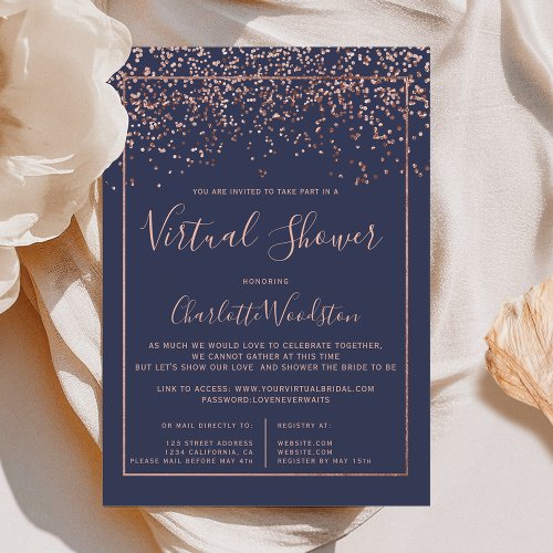 Rose gold confetti navy bridal virtual shower invitation