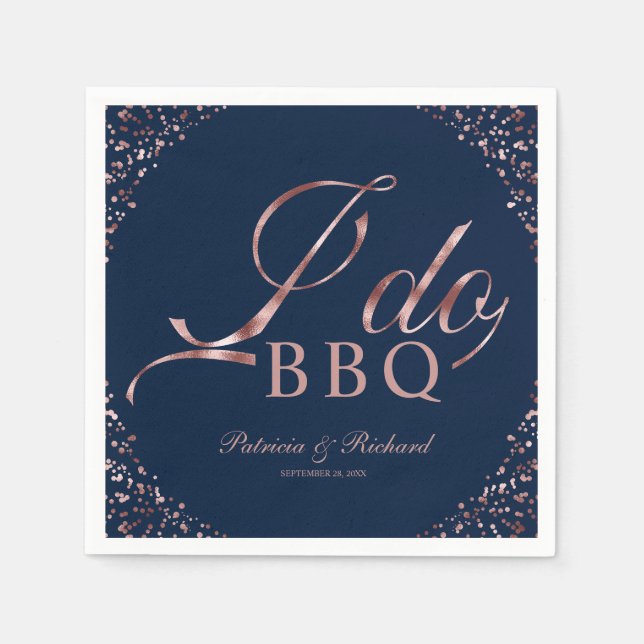 Rose Gold Confetti Navy I Do BBQ Engagement Party Napkins (Front)