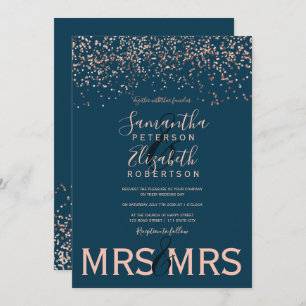 Rose gold confetti navy lesbian wedding invitation