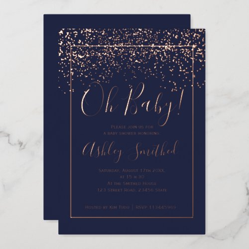 Rose gold confetti navy typography baby shower  foil invitation