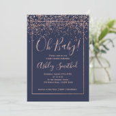 Rose gold confetti navy typography baby shower invitation (Standing Front)