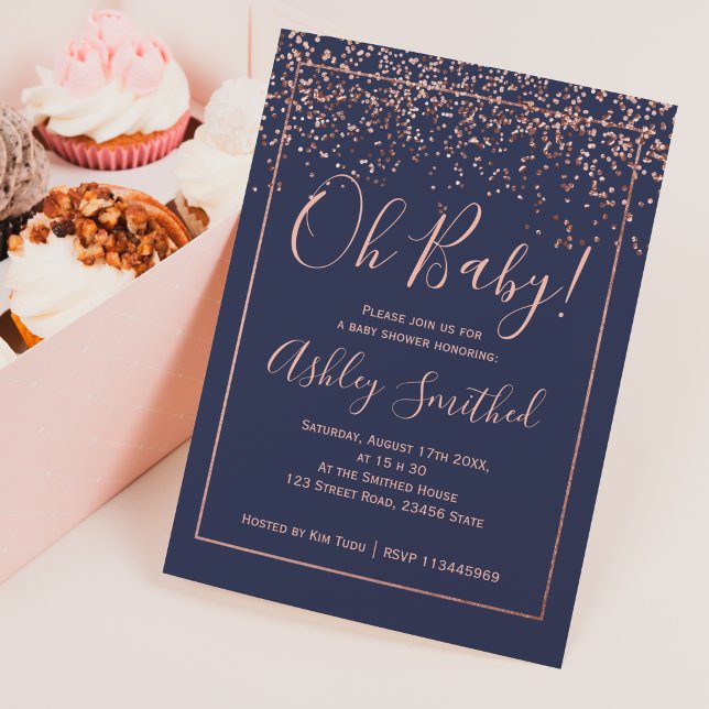 Rose gold confetti navy typography baby shower invitation