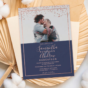 Rose gold confetti navy typography photo wedding invitation