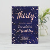 Rose gold confetti navy watercolor 30th Birthday Invitation (Standing Front)