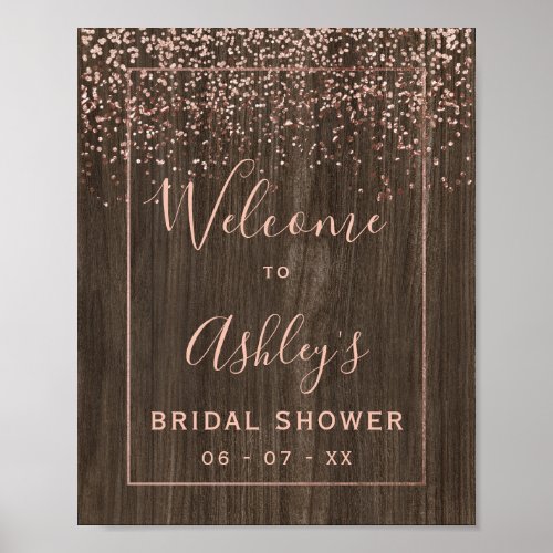 Rose gold confetti nfall woo bridal shower welcome poster
