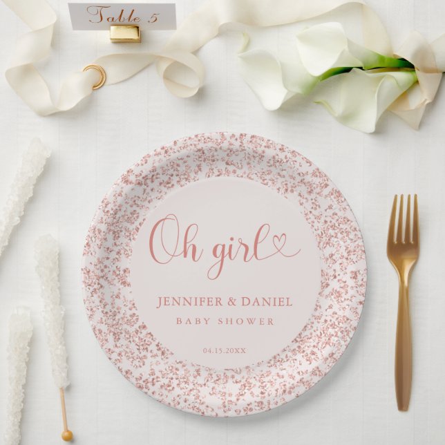 Rose Gold Confetti Oh Girl Chic Circle Paper Plates (Wedding)