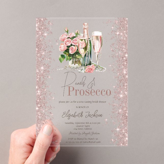 Rose Gold Confetti Pearls Prosecco Bridal Shower  Acrylic Invitations (Insitu (Handheld))