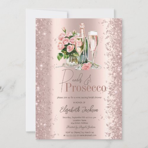 Rose Gold Confetti Pearls Prosecco Bridal Shower  Invitation
