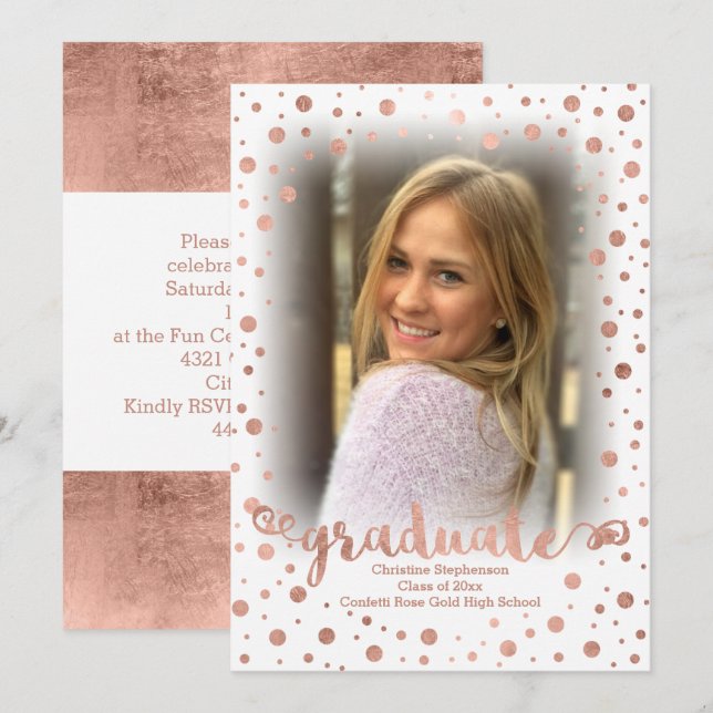 Rose Gold Confetti Photo Graduation Invitation (Front/Back)