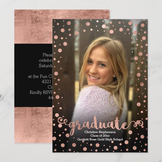 Rose Gold Confetti Photo Graduation Invitation (Front/Back)