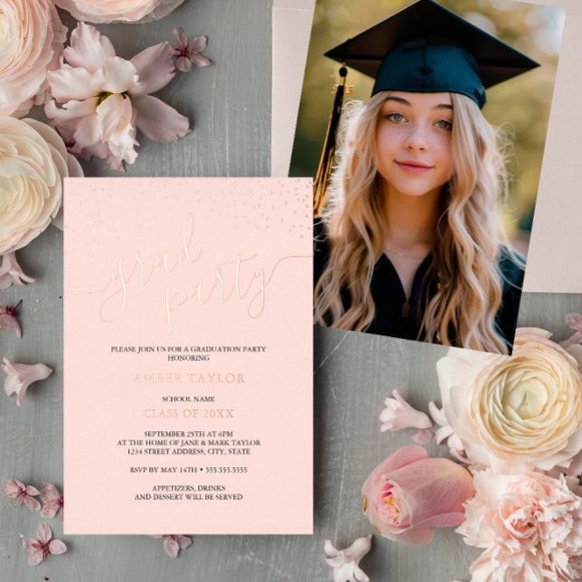 Rose Gold Confetti Photo Graduation Party Foil Invitation (Creator Uploaded)