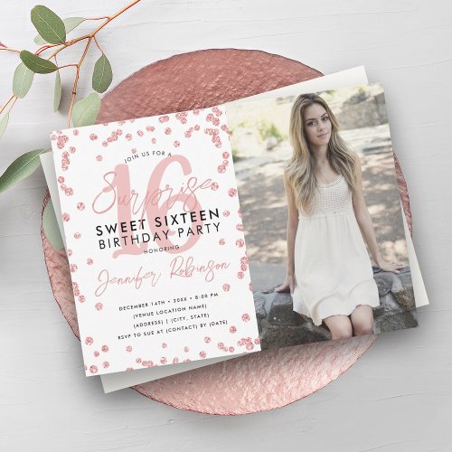 Rose Gold Confetti Photo Surprise Sweet 16  Invitation